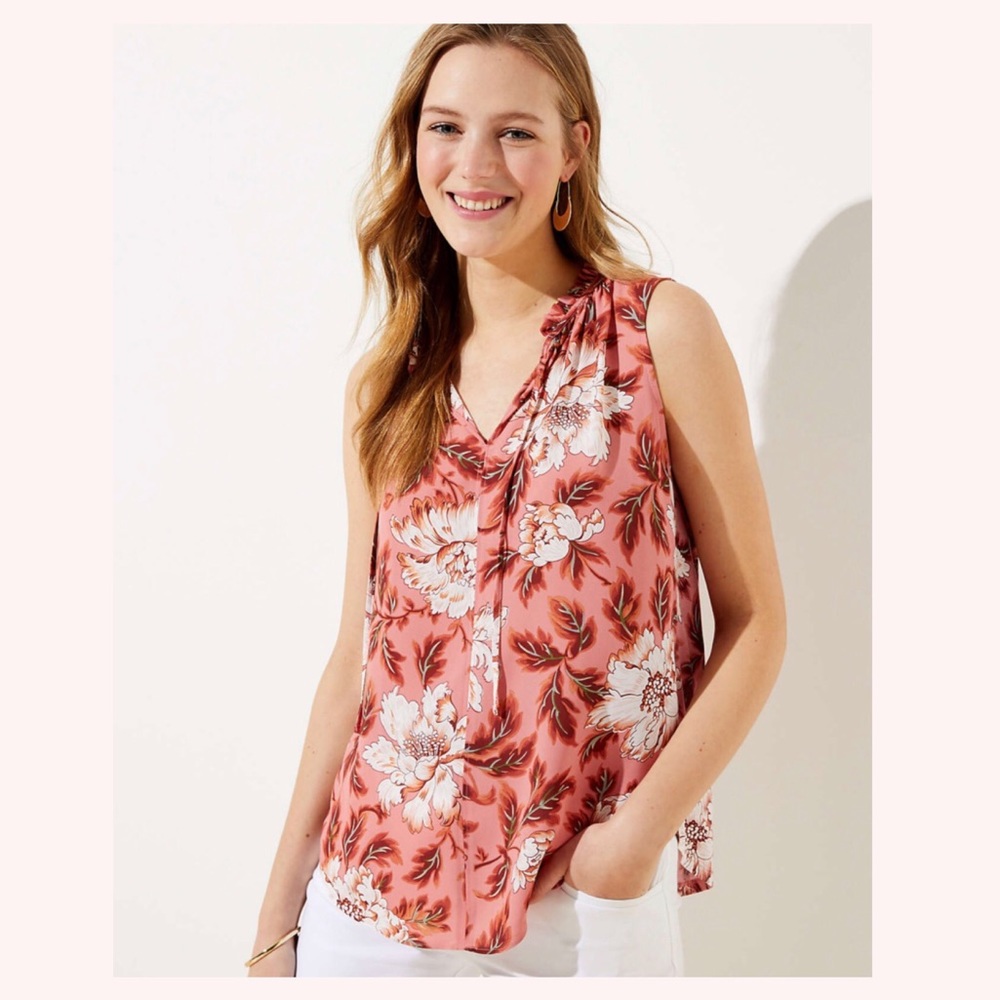 LOFT Petite Floral Ruffle Tie Neck Mixed Media Top